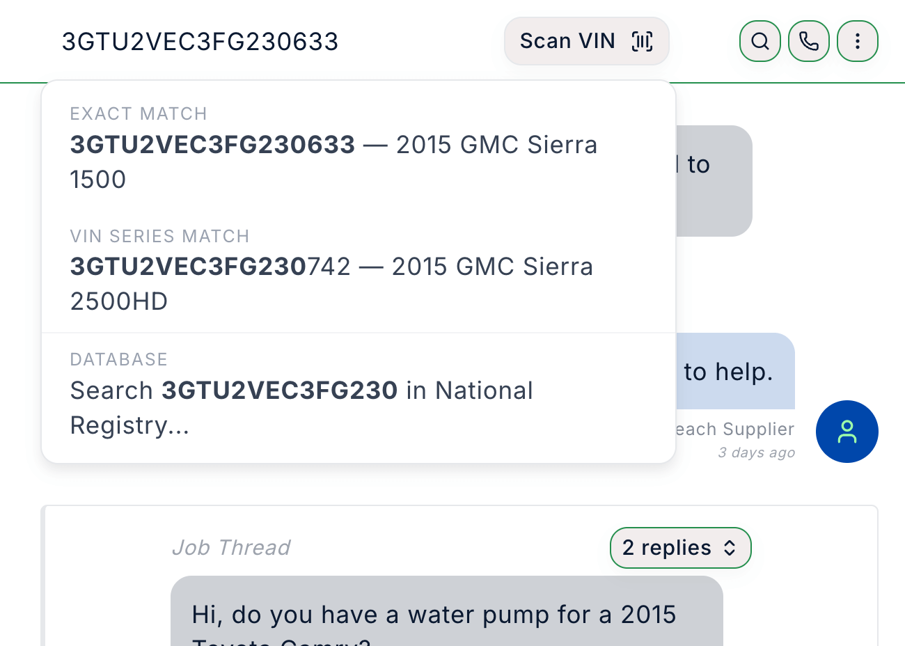 Interface showing filtered automotive part search results